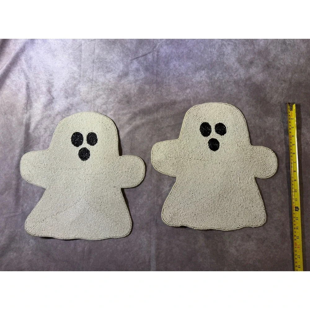 Kirklands Home Beaded Ghost Placemats Halloween Table Decor White Black Set of 2